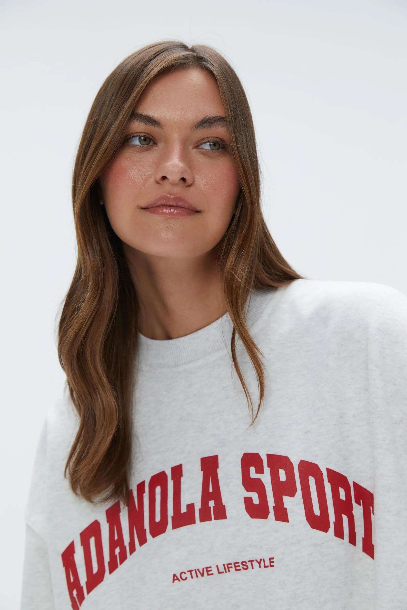 Adanola Light Grey Melange Sport Sweatshirt with Classic Red Accents - Relaxed Fit