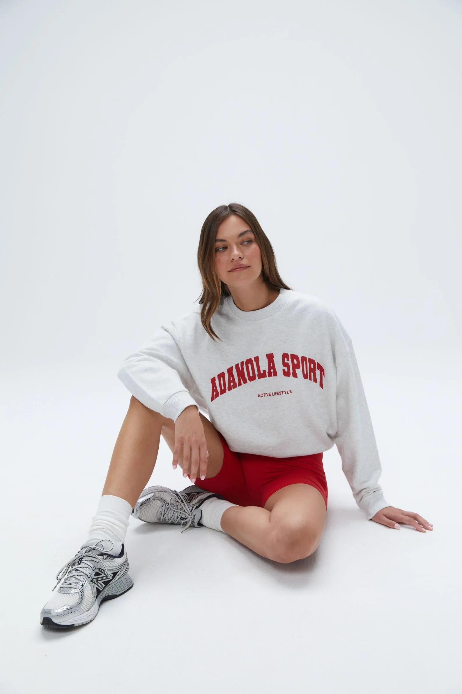 Adanola Light Grey Melange Sport Sweatshirt with Classic Red Accents - Relaxed Fit