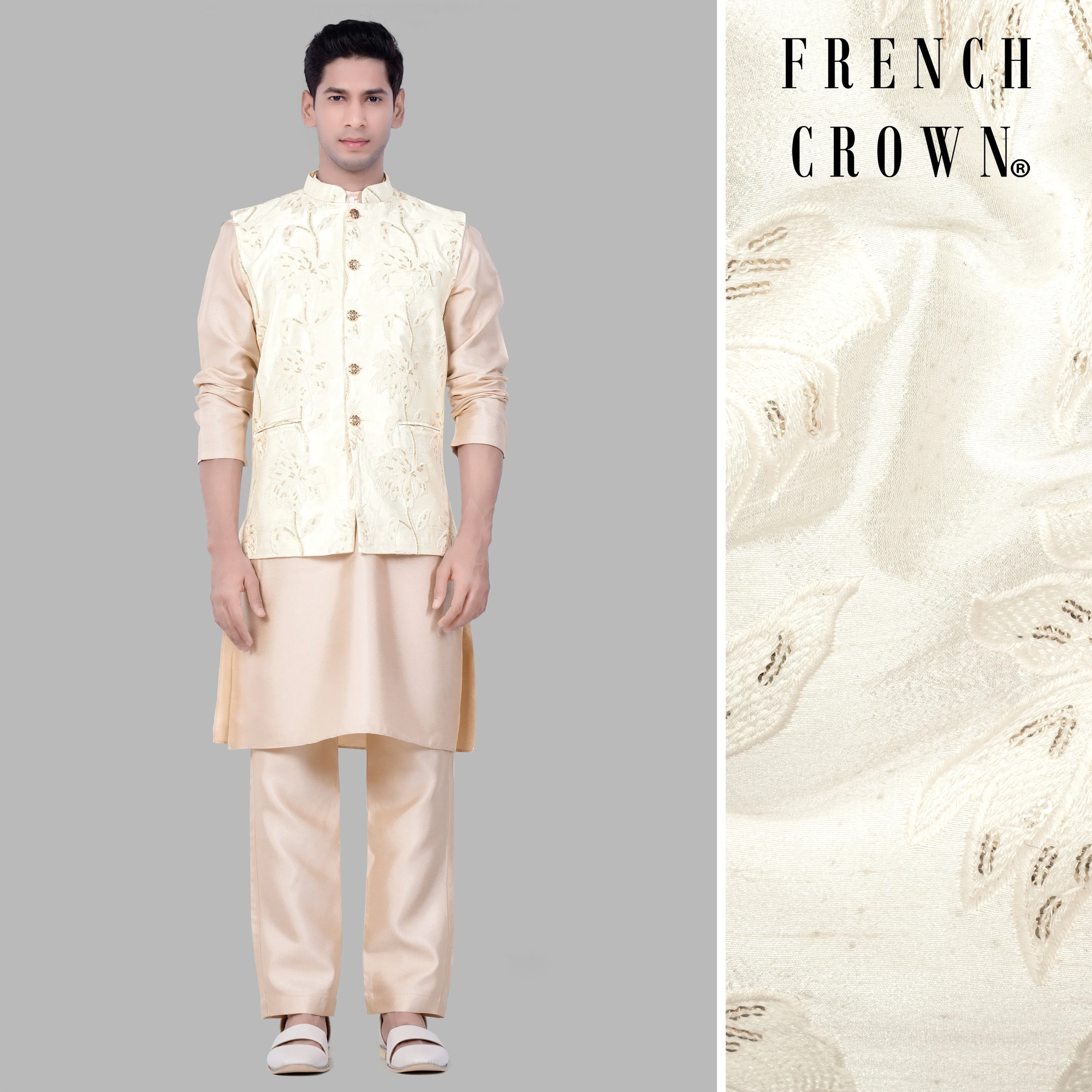 Almond Brown Kurta Set With Bright White Designer Sequin And Thread Embroidered Nehru Jacket