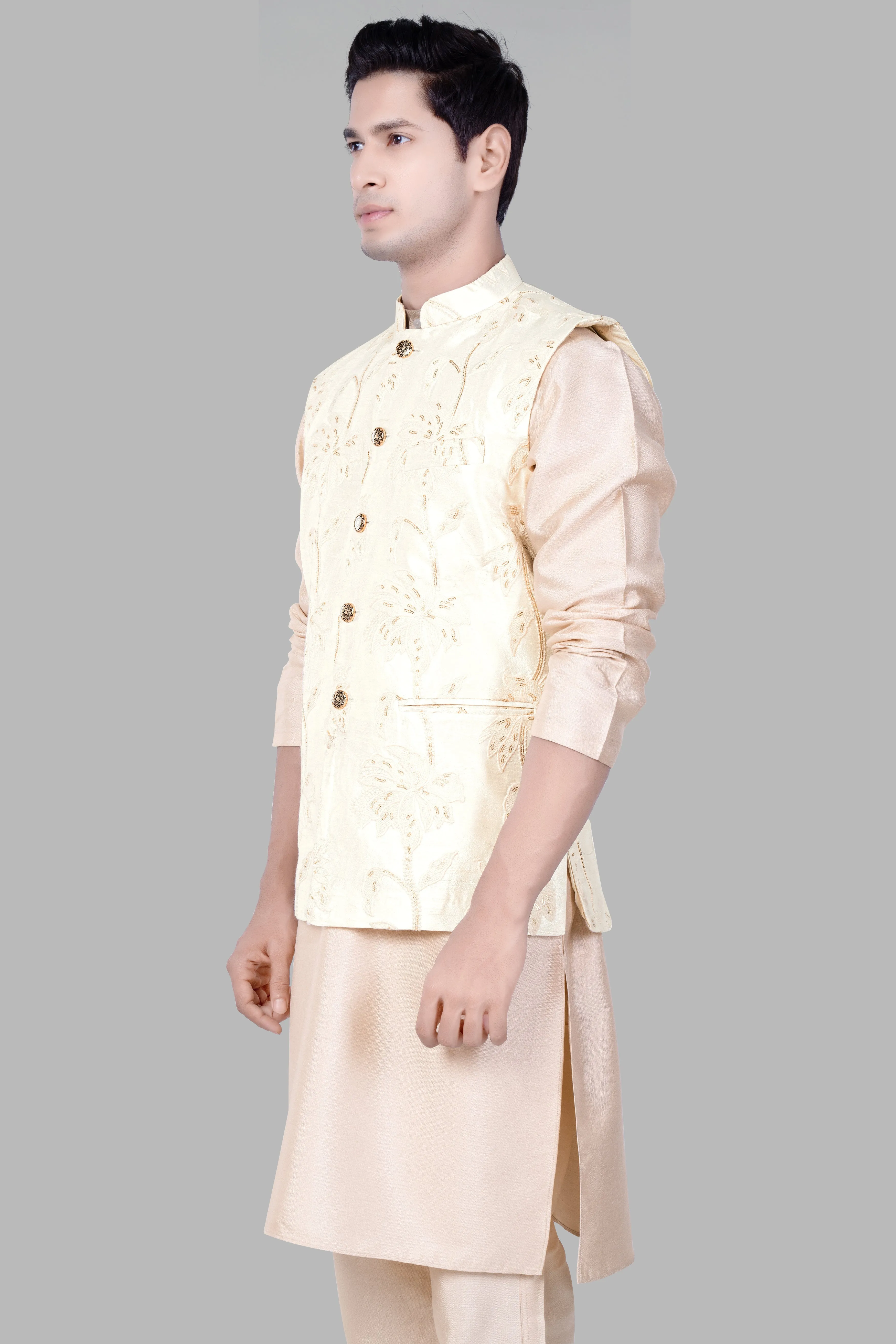 Almond Brown Kurta Set With Bright White Designer Sequin And Thread Embroidered Nehru Jacket