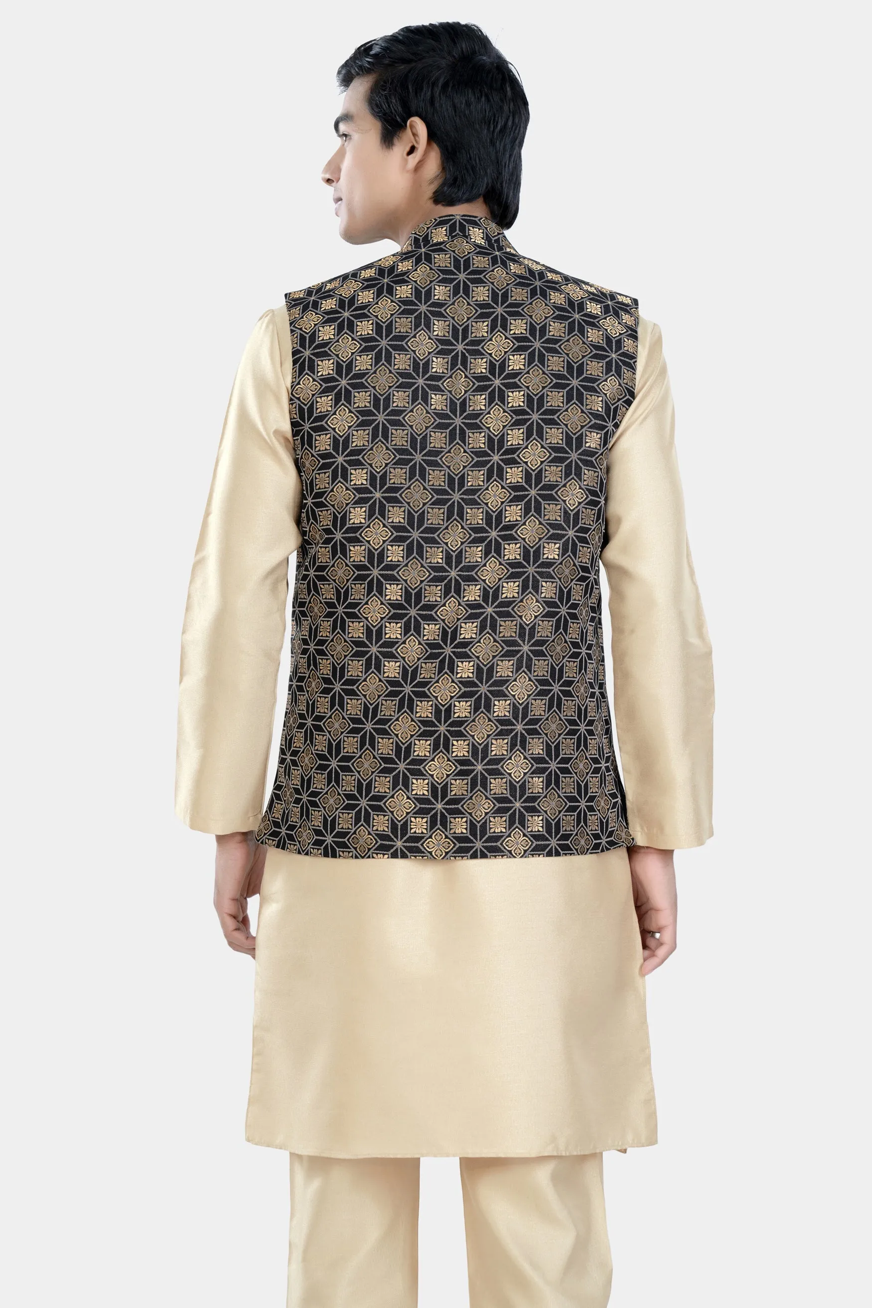 Almond Brown Kurta Set with Cinder Black and Tan Brown Geometric Jacquard Textured Designer Nehru Jacket