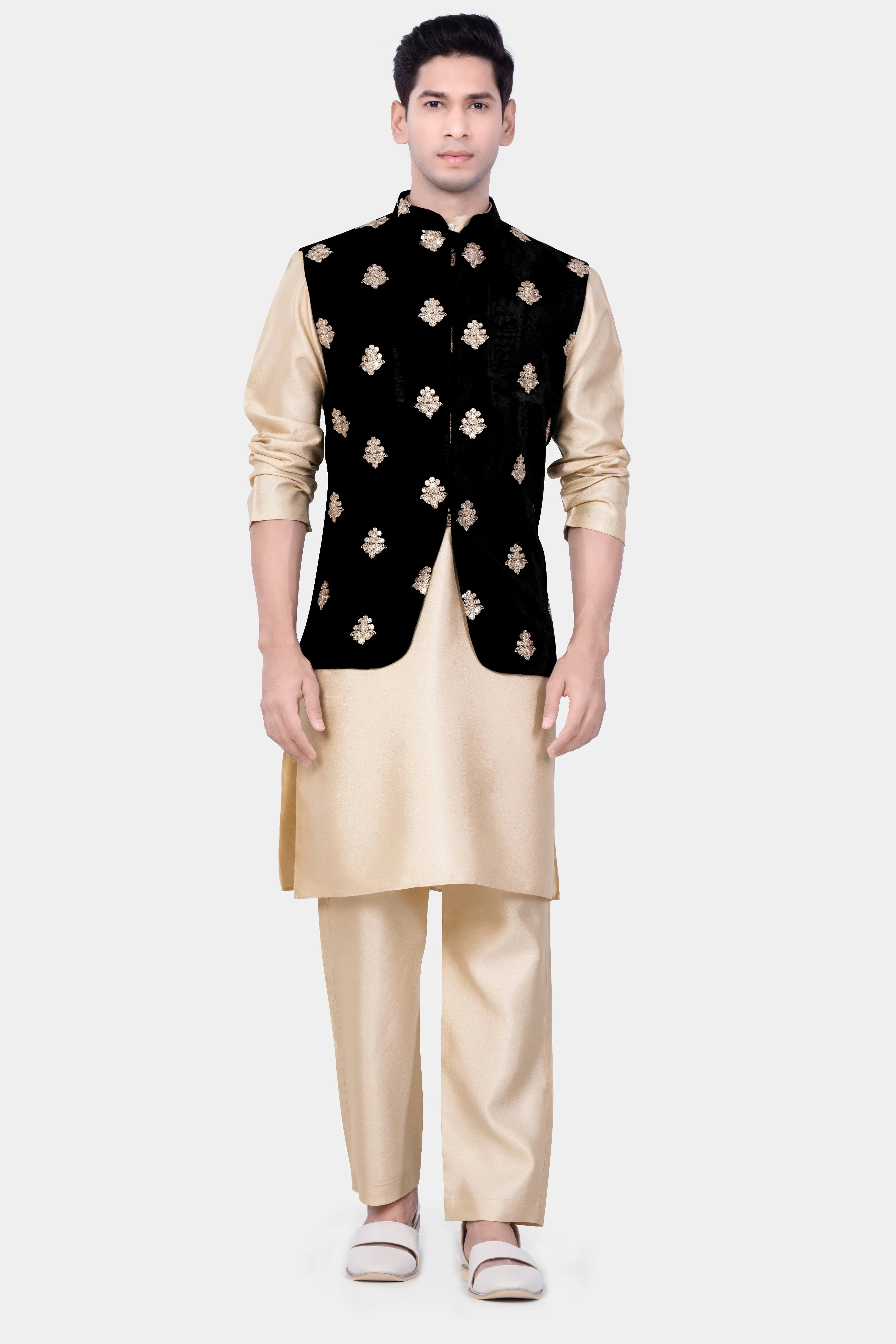 Almond Brown Kurta Set With Jade Black Designer Velvet Sequin And Thread Embroidered Nehru Jacket