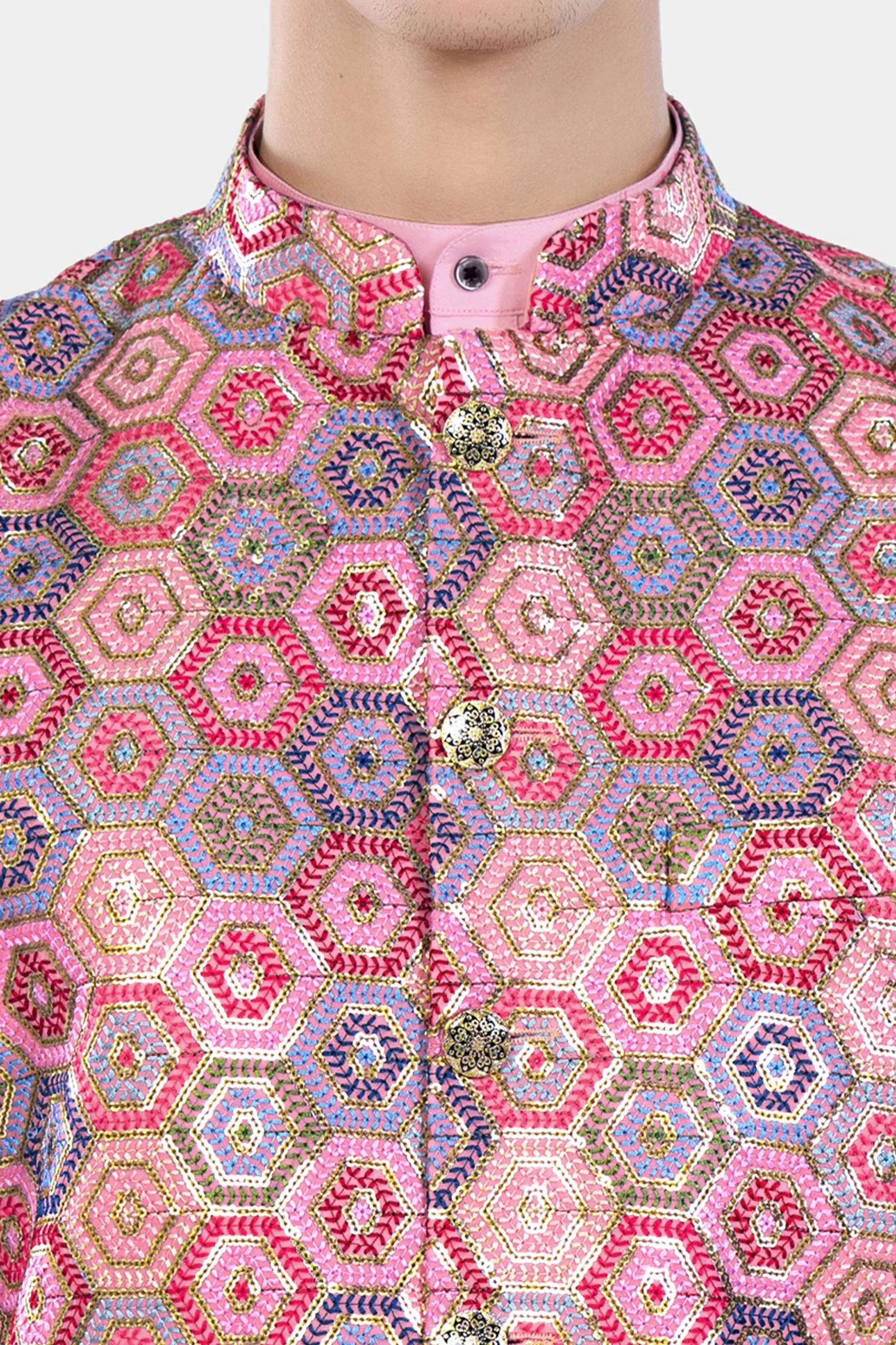 Azalea Pink Kurta Set with Radical Pink and Rhino Blue Multicolour Honeycomb Sequin and Thread Embroidered Designer Nehru Jacket