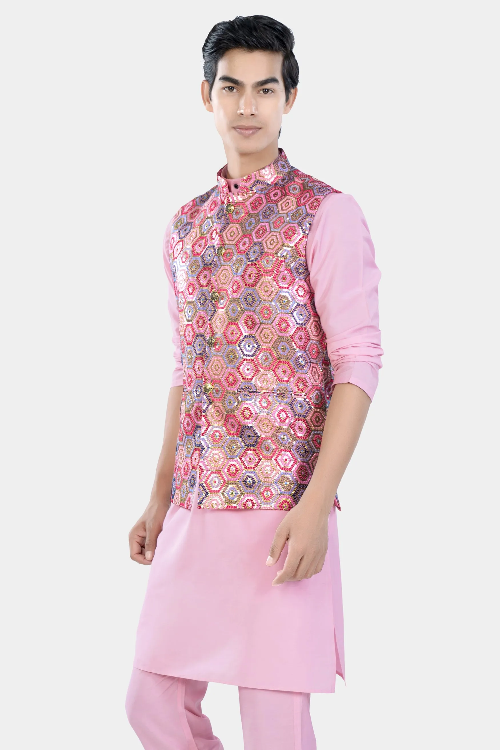 Azalea Pink Kurta Set with Radical Pink and Rhino Blue Multicolour Honeycomb Sequin and Thread Embroidered Designer Nehru Jacket