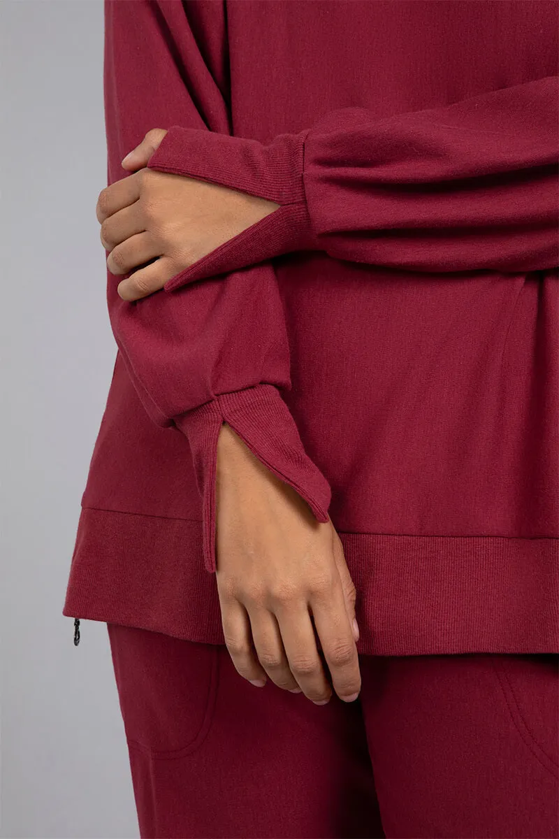 Bamboo Fleece Cowl Neck Pleat Sleeve Top | Cherry