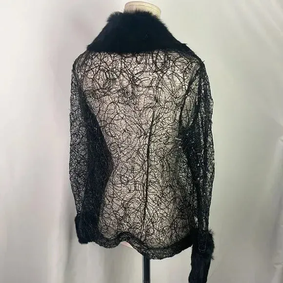 Black Beaded Lace With Fur Trim Jacket