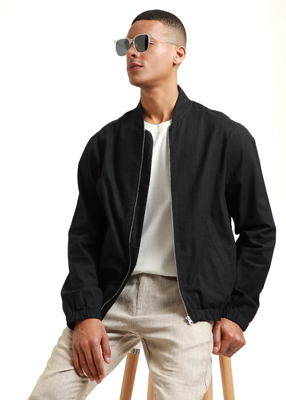 Black Bomber Linen Jacket