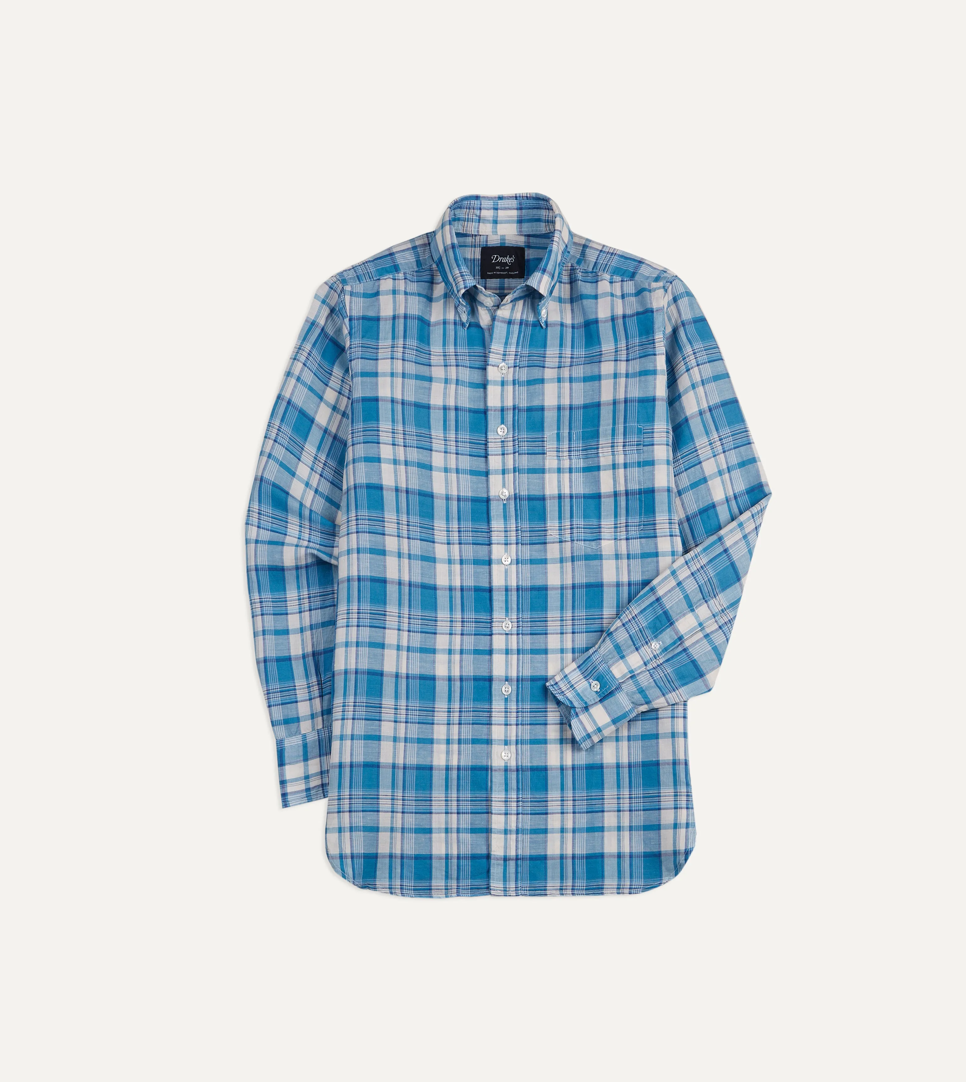 Blue Check Cotton Linen Button-Down Shirt