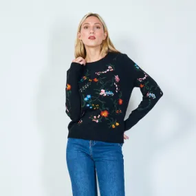 Botanical embroidered knit sweater wholesale