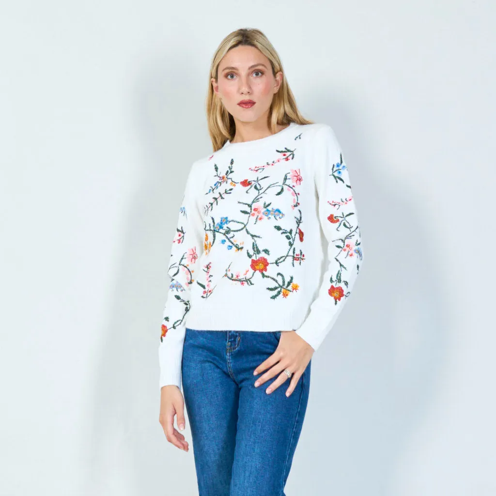 Botanical embroidered knit sweater wholesale