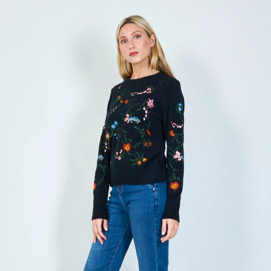 Botanical embroidered knit sweater wholesale