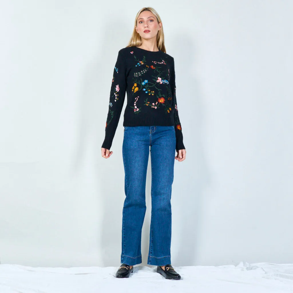 Botanical embroidered knit sweater wholesale