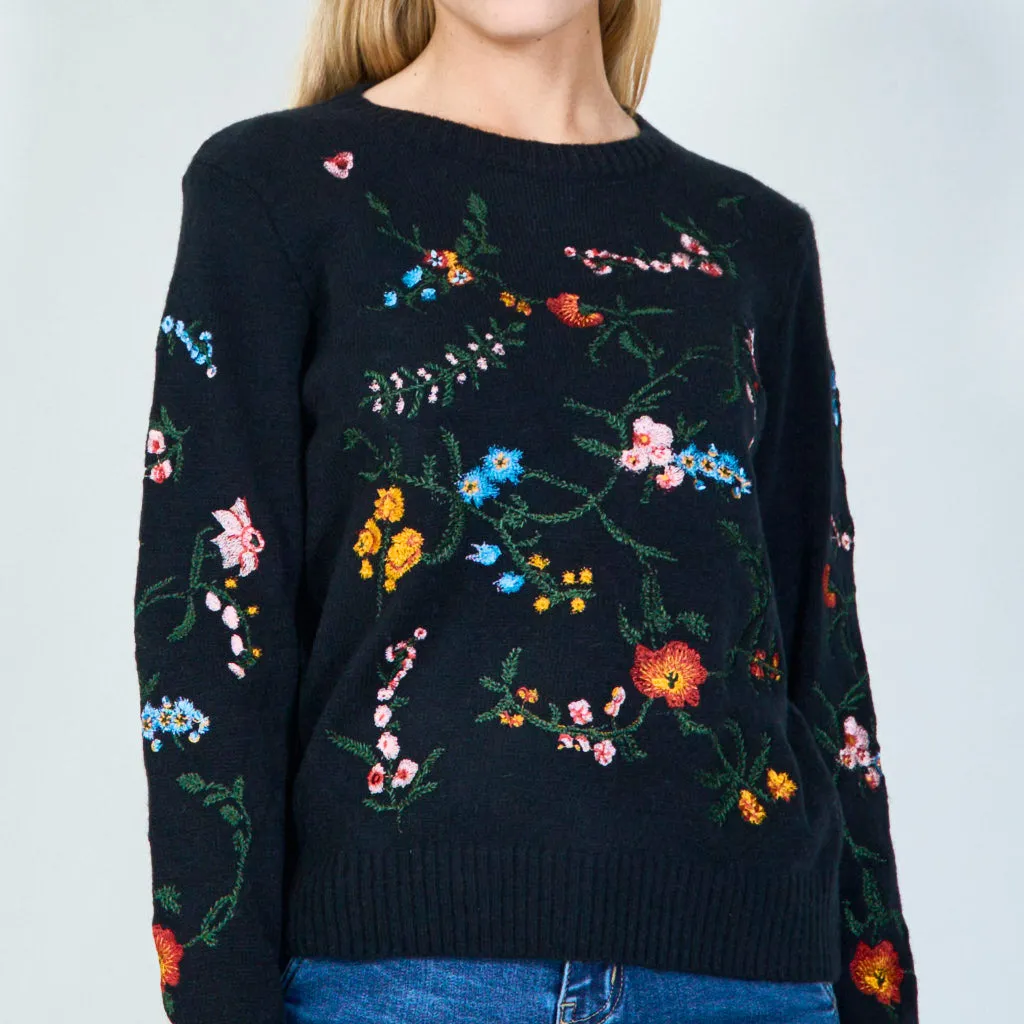 Botanical embroidered knit sweater wholesale