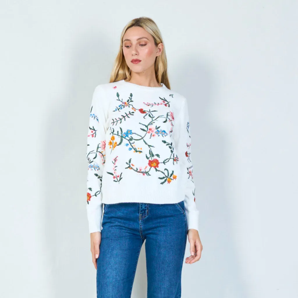 Botanical embroidered knit sweater wholesale