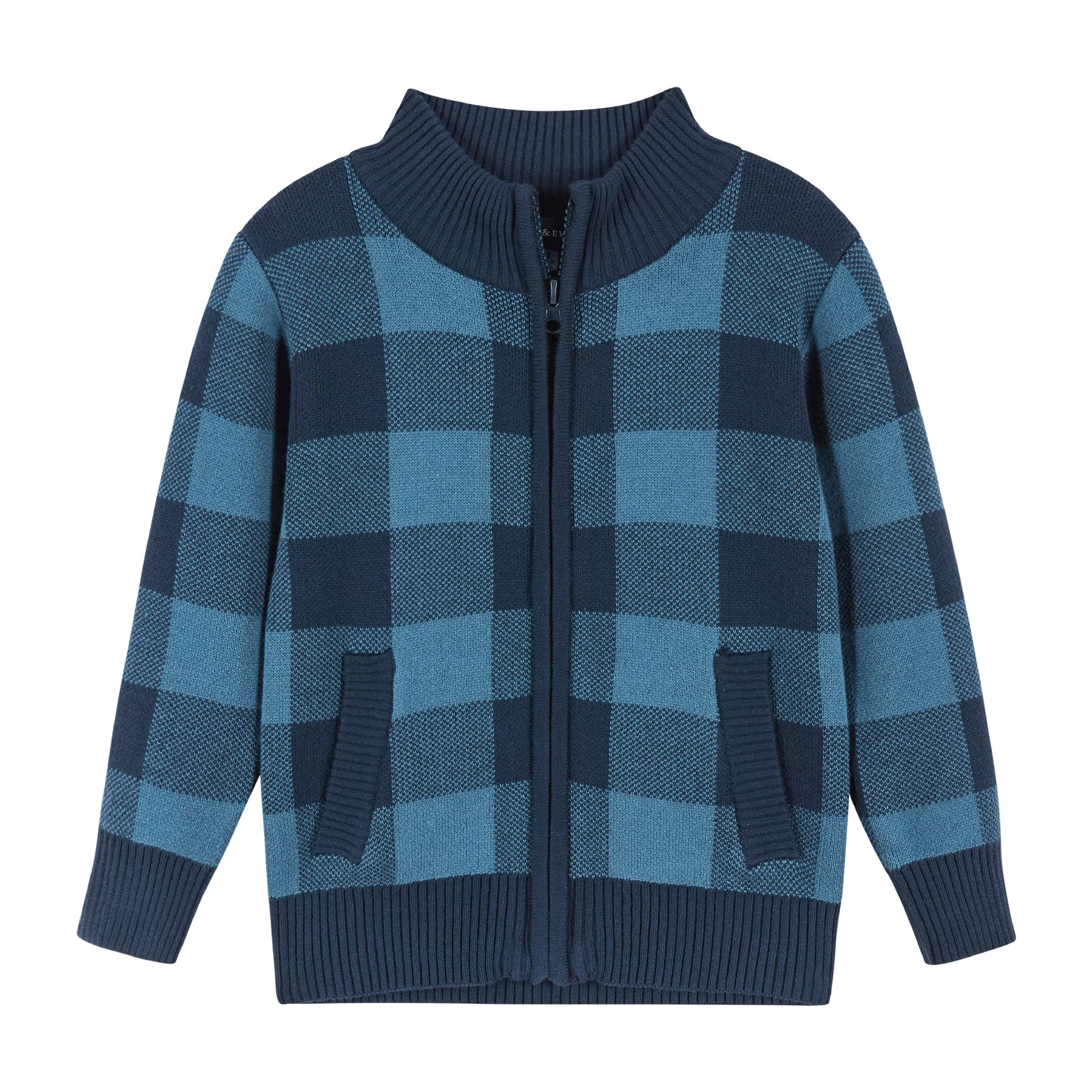 Buffalo Check Intarsia Sweater Zip-Up  | Navy