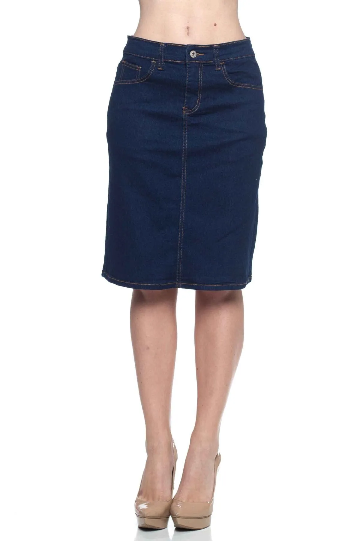 Button Knee Length Denim Skirt