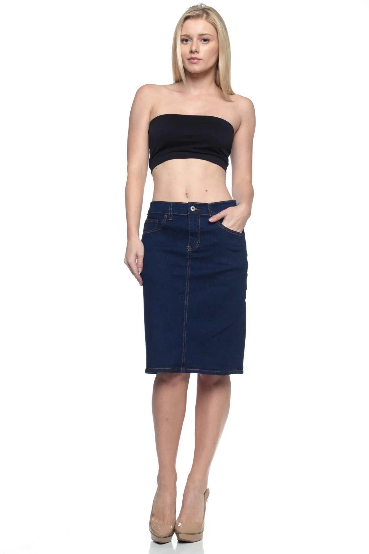 Button Knee Length Denim Skirt