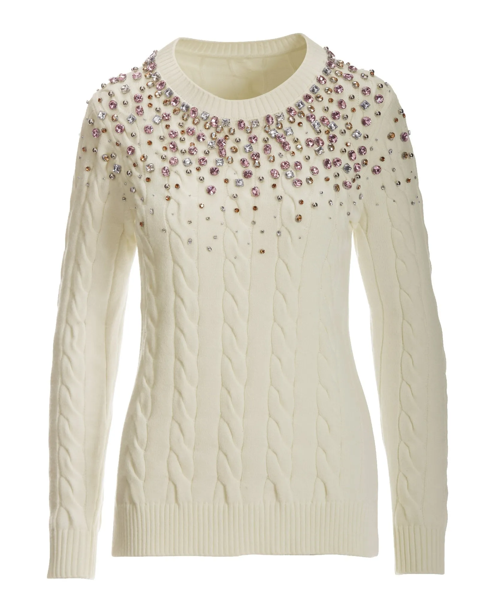 Cable Embellished Crew Neck Sweater Off White Multi