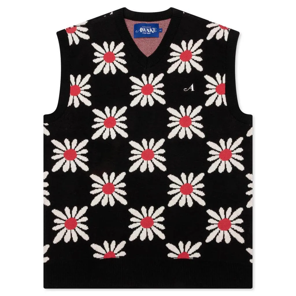 Checkered Floral Sweater Vest - Black Floral