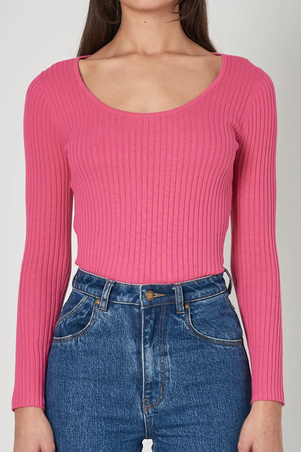 Classic Hot Pink LS Rib Sweater