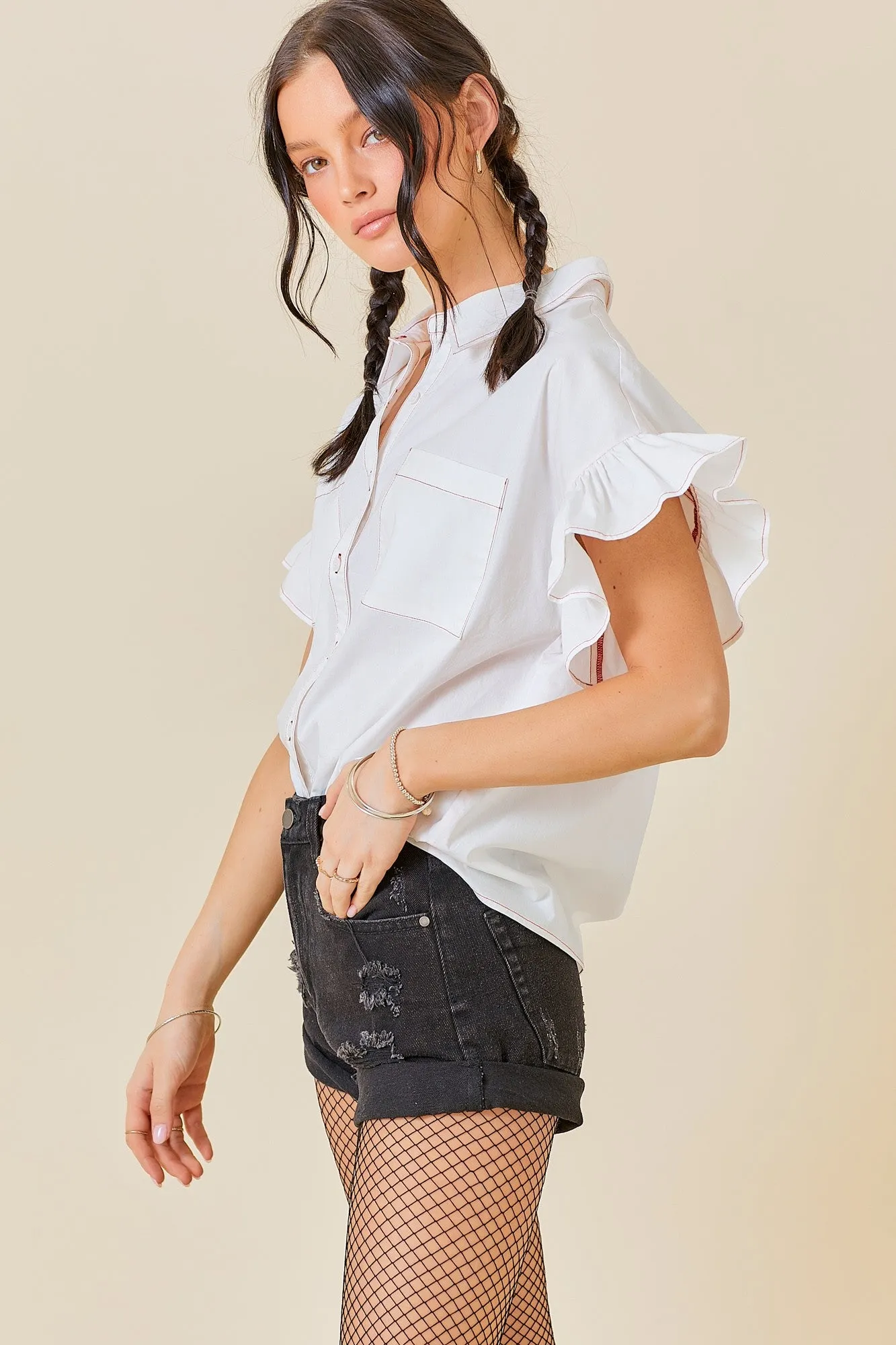 Collared Neck Short Ruffle Sleeve Button Down Top