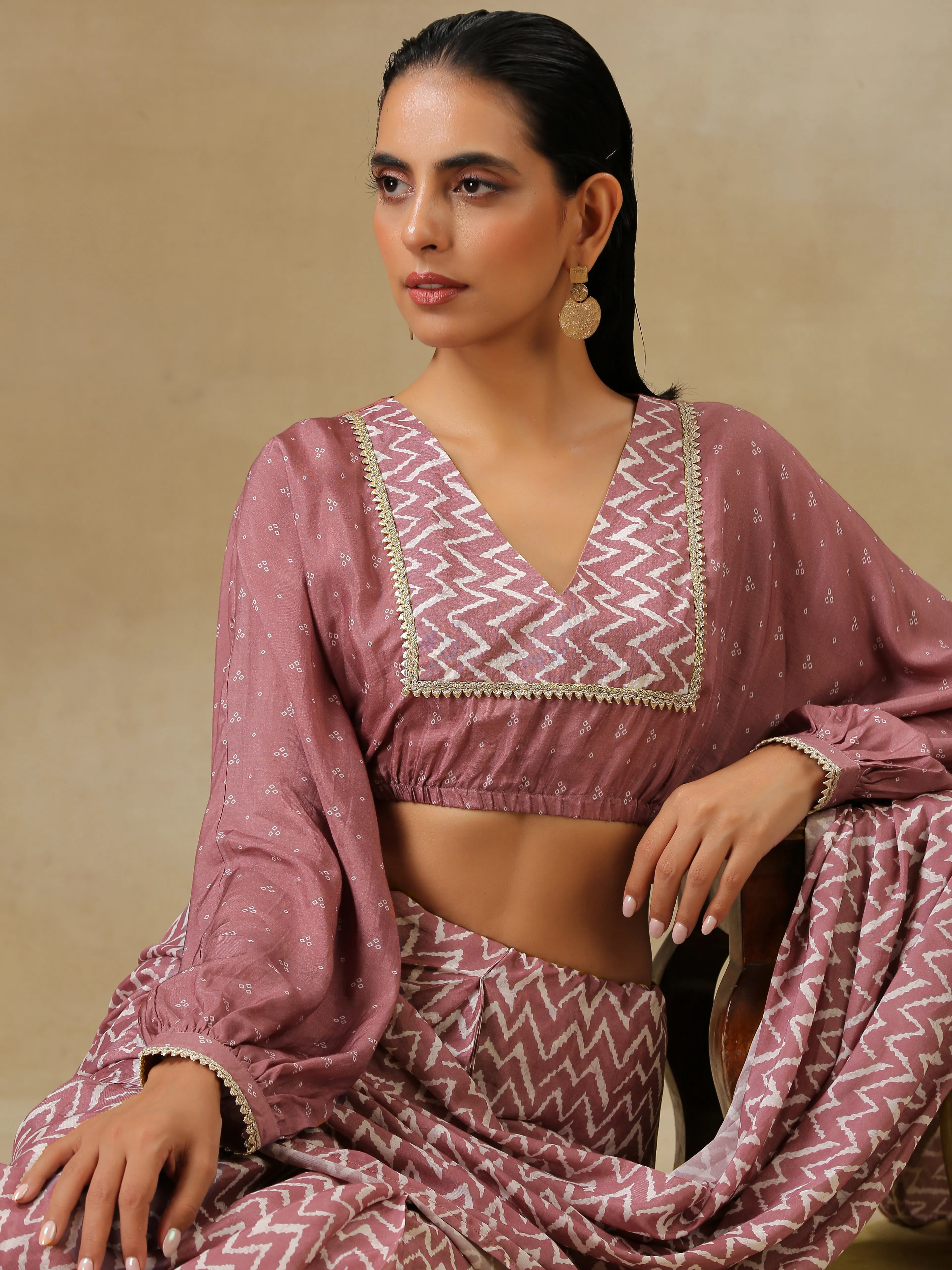 Dark Mauve Bandhani Printed Silk Pre-Pleat Stitched Saree