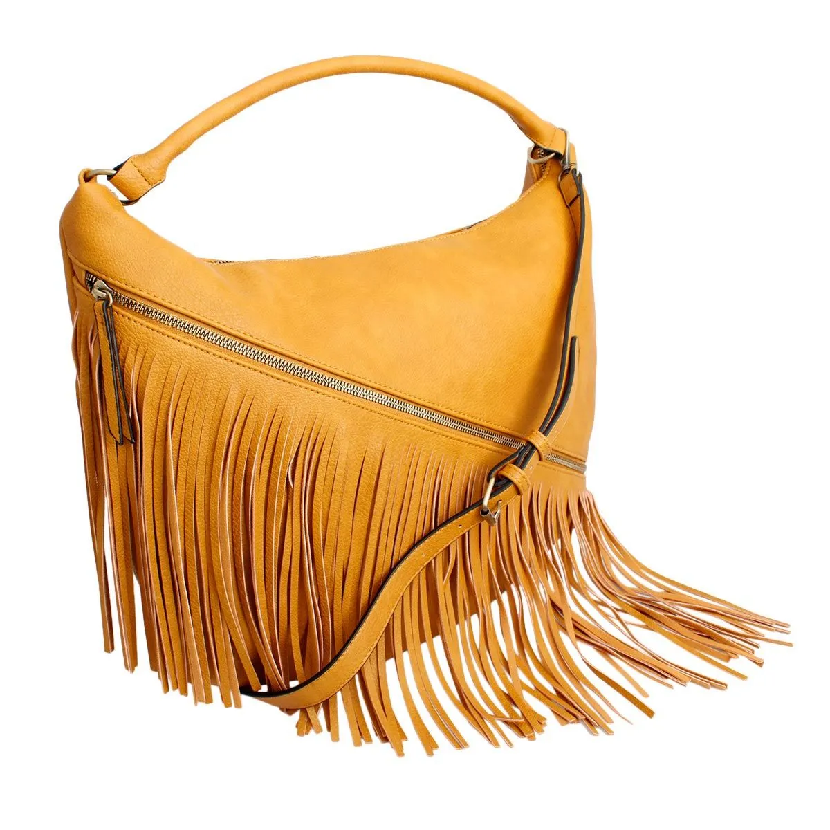 Diagonal Fringe Hobo Bag - Mustard