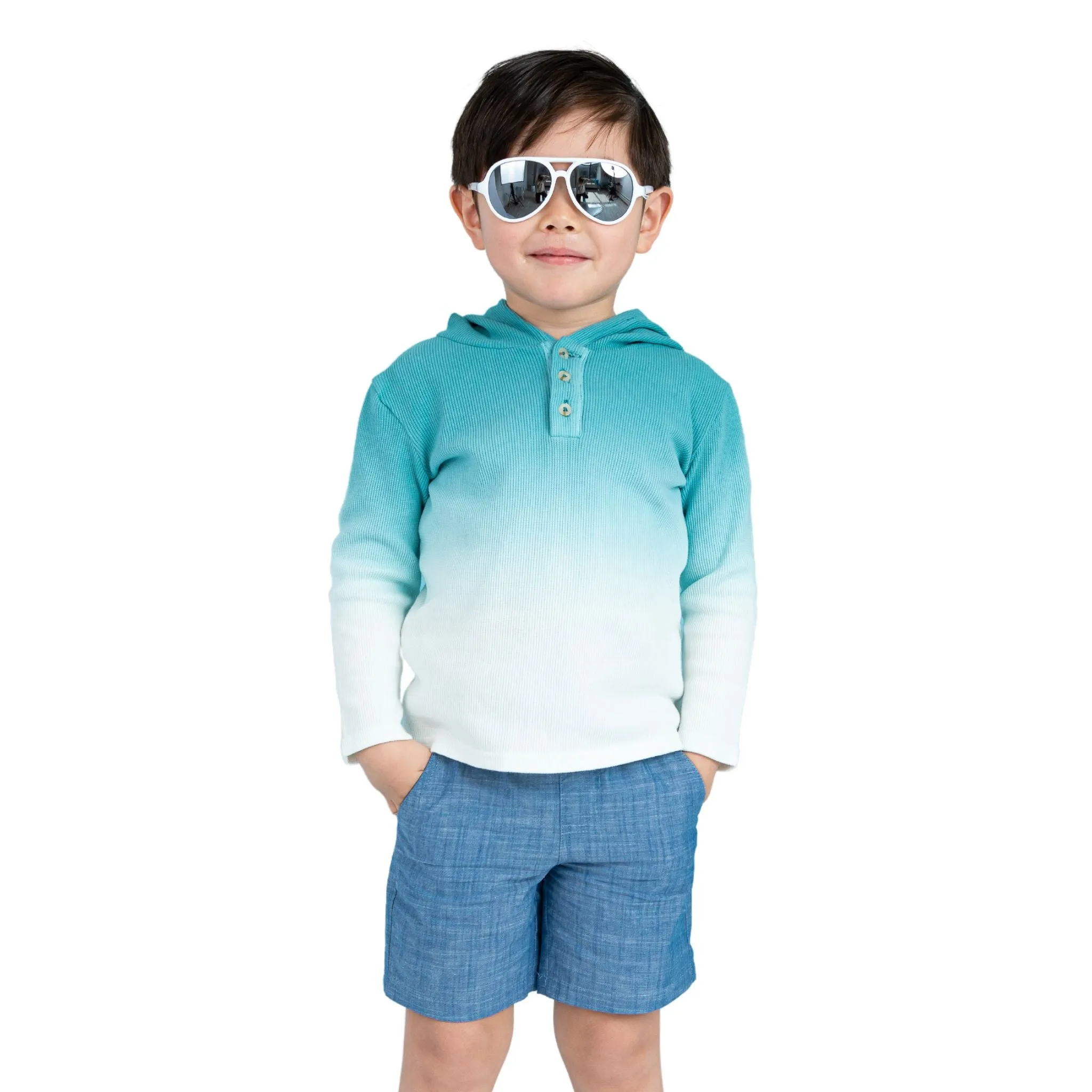 Dip Dye Hooded Waffle Henley Shirt | Aqua