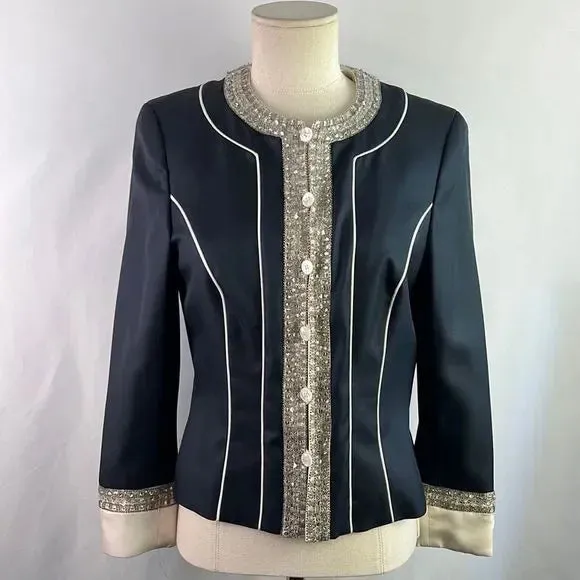 Escada Black Satin Jacket with Beaded Trim