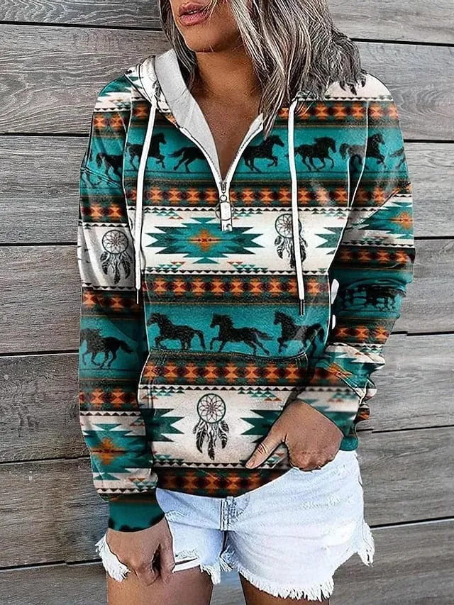 Geometric Tribal Aztecs Zip Up Hoodie Sweatshirt for Women