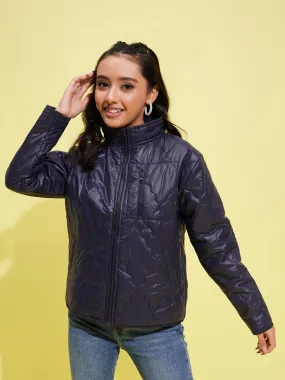 Girls Navy Quilted Zipper Jacket