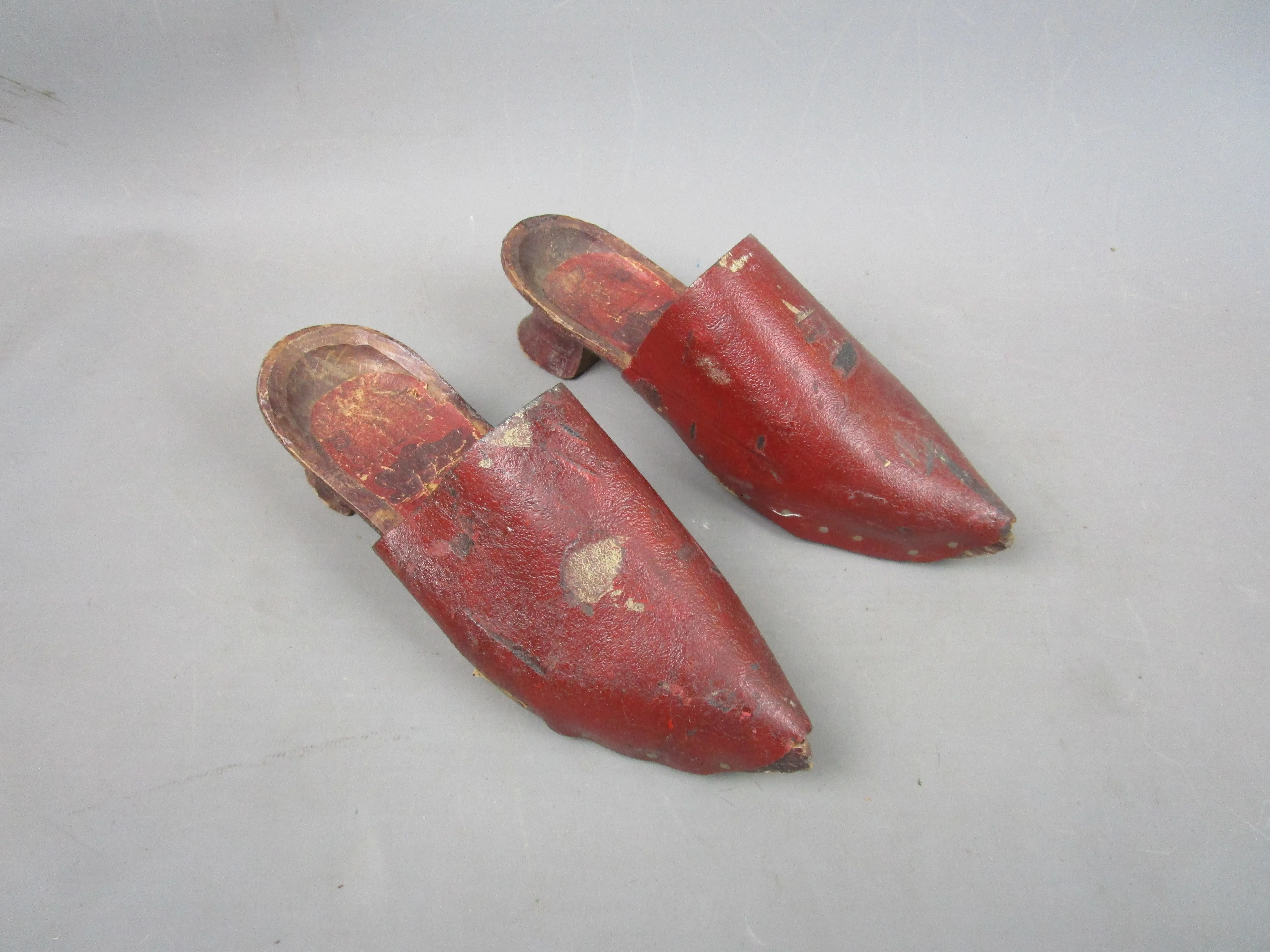 Hand Made Red Leather & Wooden Ladies Clogs Antique c1900