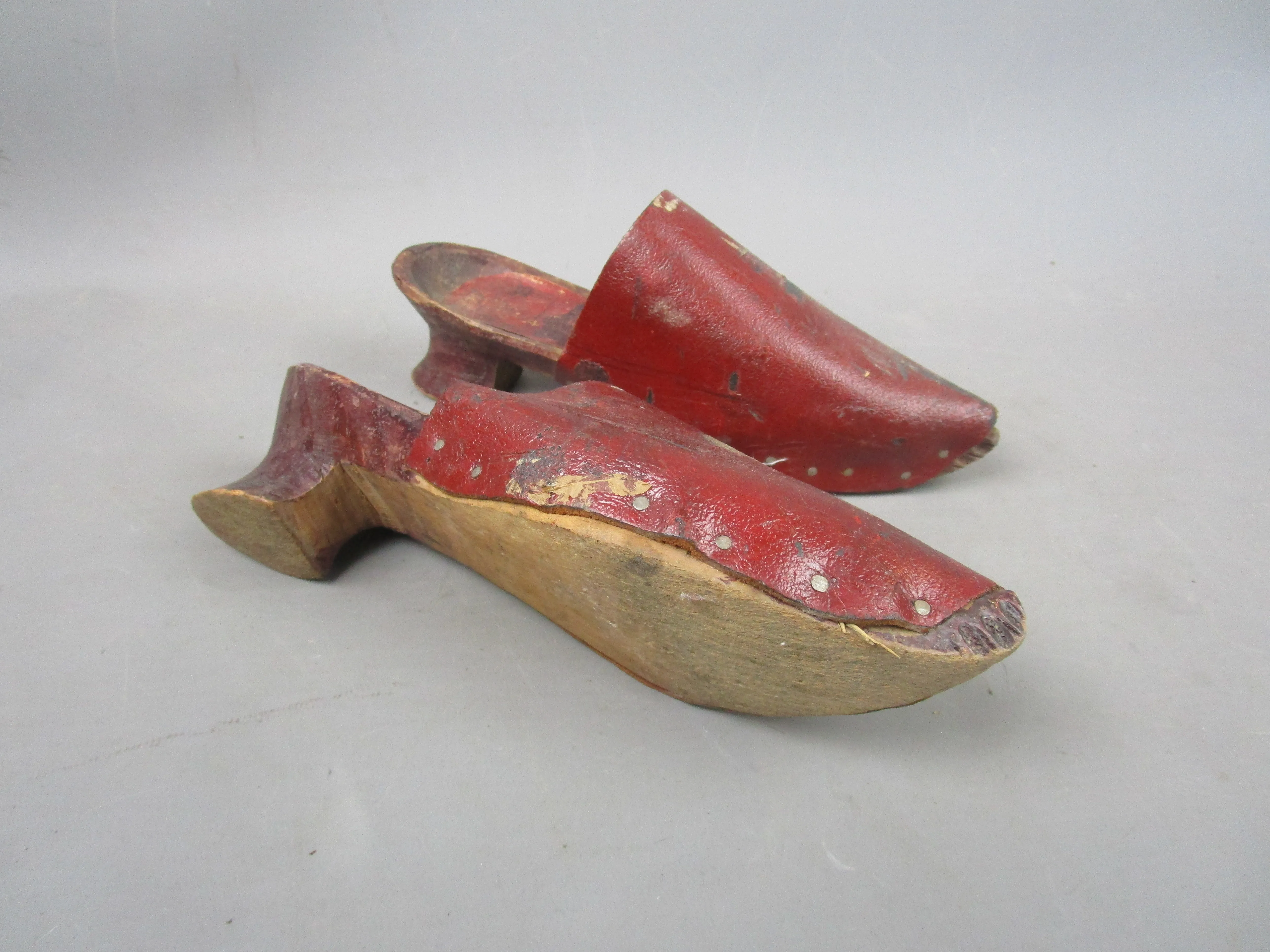 Hand Made Red Leather & Wooden Ladies Clogs Antique c1900