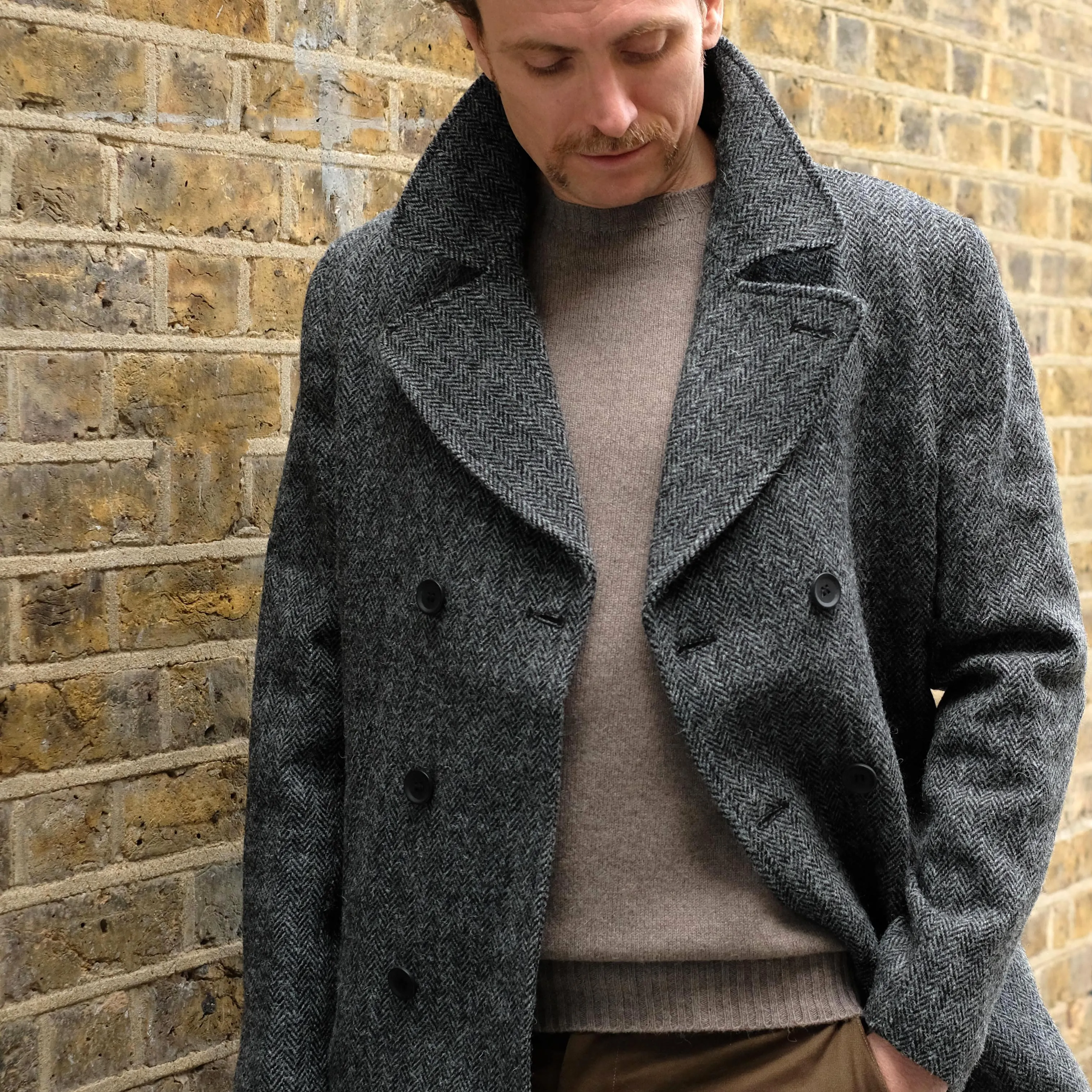 Harris Tweed Peacoat in Grey Herringbone