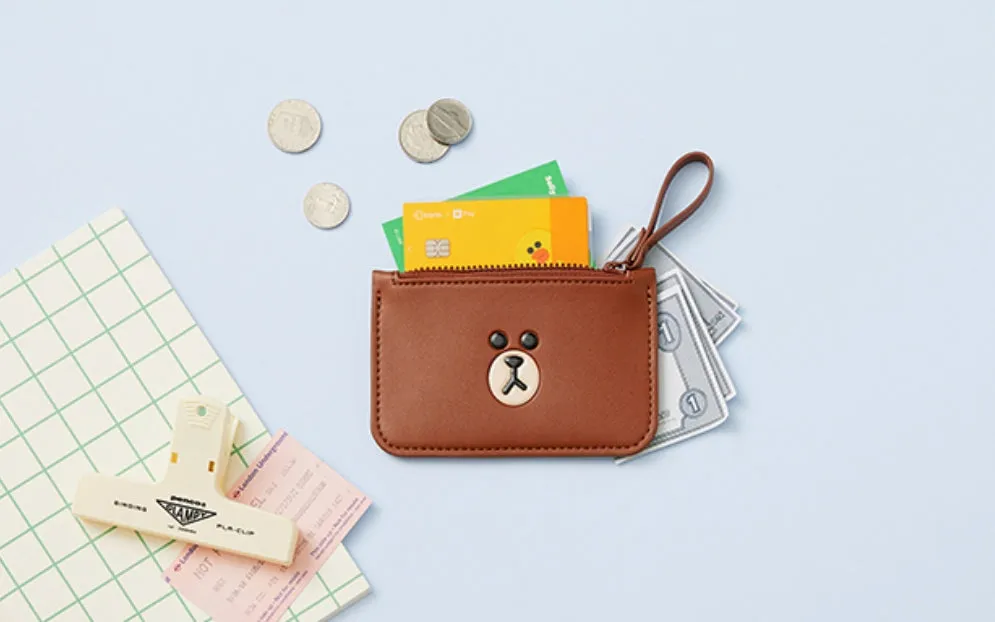 Line Friends Brown Leather Like Card Wallets Zipper Strap Characters Couple Goods Cute Students Accessories Coin Credit Holder