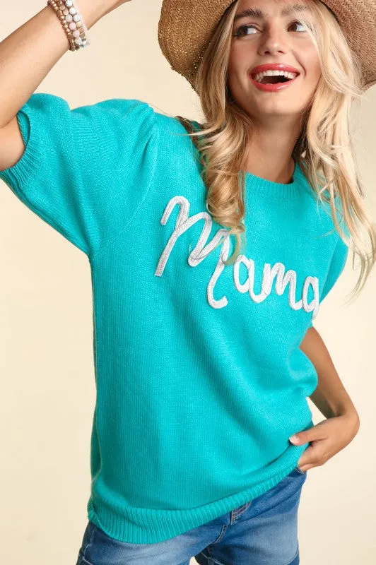 Mama Embroidered Knit Top - Mint Green