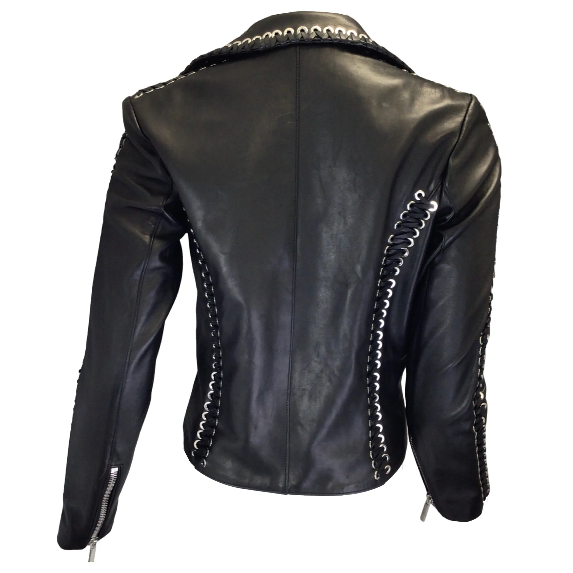 Nour Hammour Black Lace Detail Moto Zip Lambskin Leather Jacket