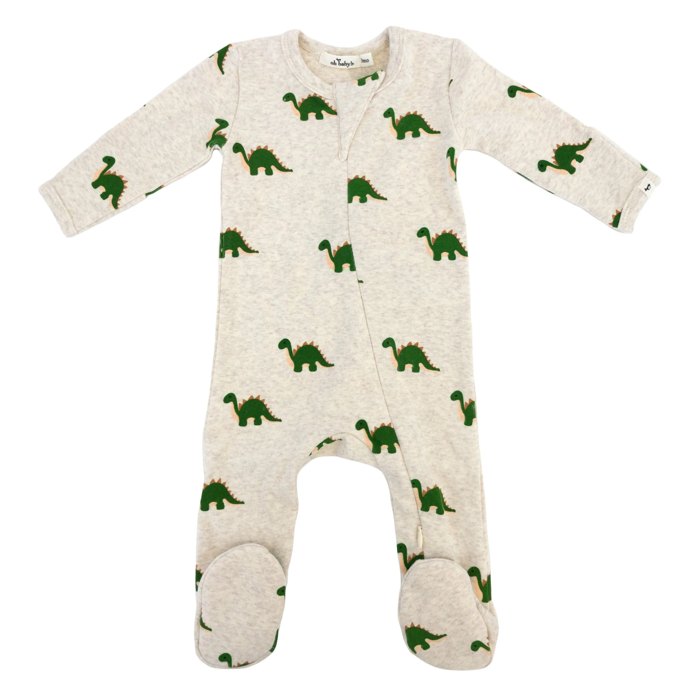 oh baby! Cotton Baby Rib Zipper Footie - Dinosaur Print - Malt