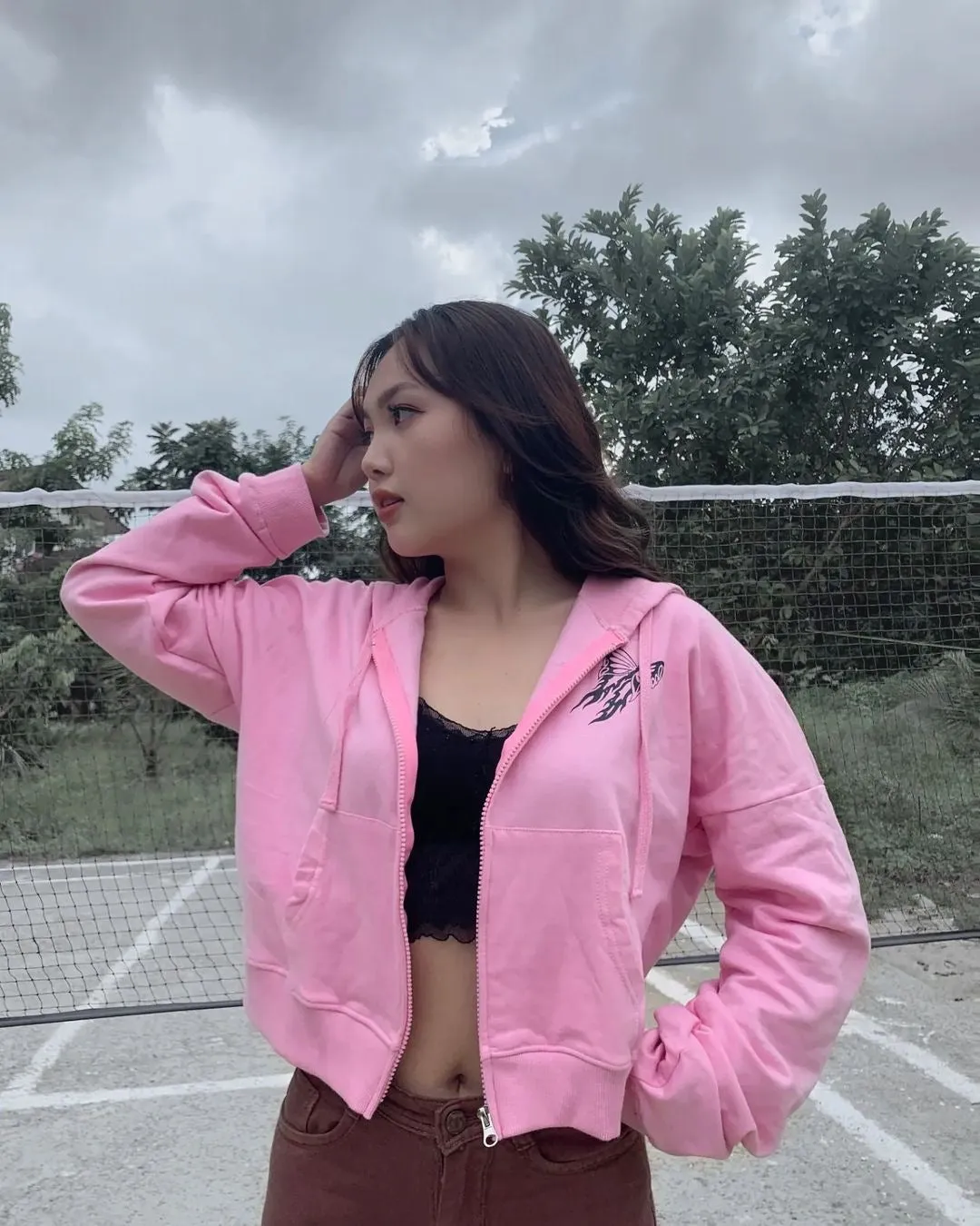 Pink Zipper Crop Hoodie