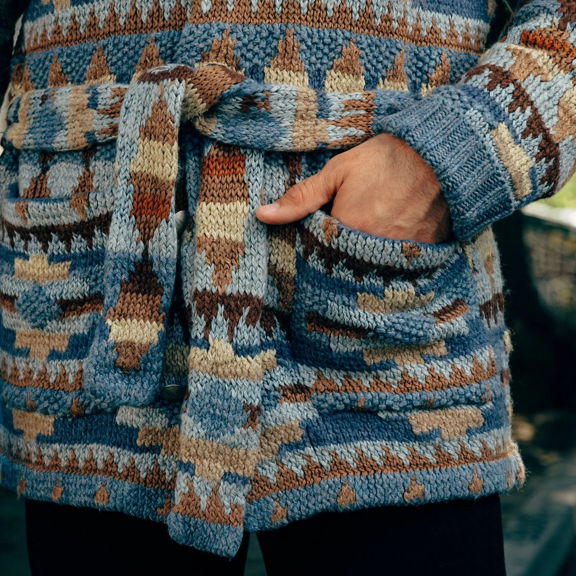 RRL Hand-Knit Linen Blend Belted Cardigan Blue Multi FINAL SALE