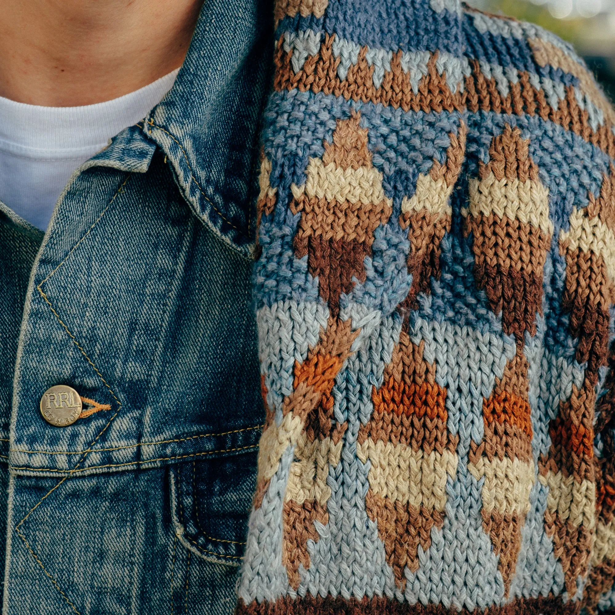 RRL Hand-Knit Linen Blend Belted Cardigan Blue Multi FINAL SALE