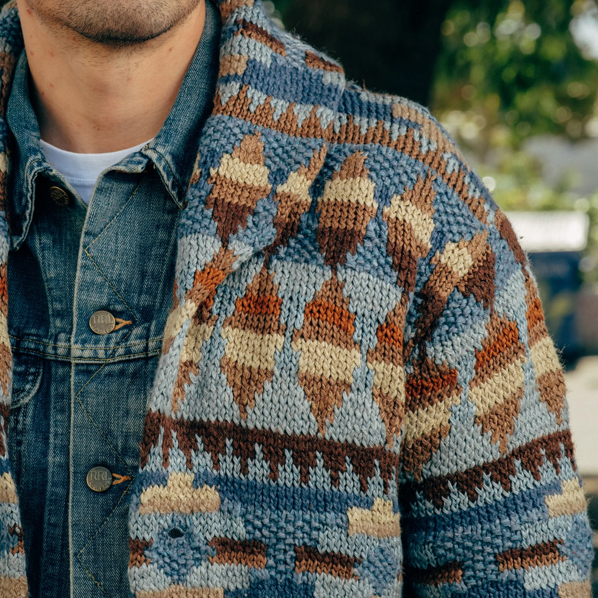 RRL Hand-Knit Linen Blend Belted Cardigan Blue Multi FINAL SALE