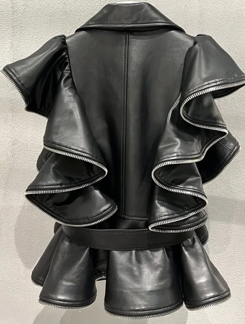 Ruffle Leather Vest with Zipper Detail