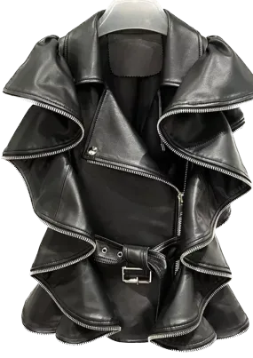 Ruffle Leather Vest with Zipper Detail