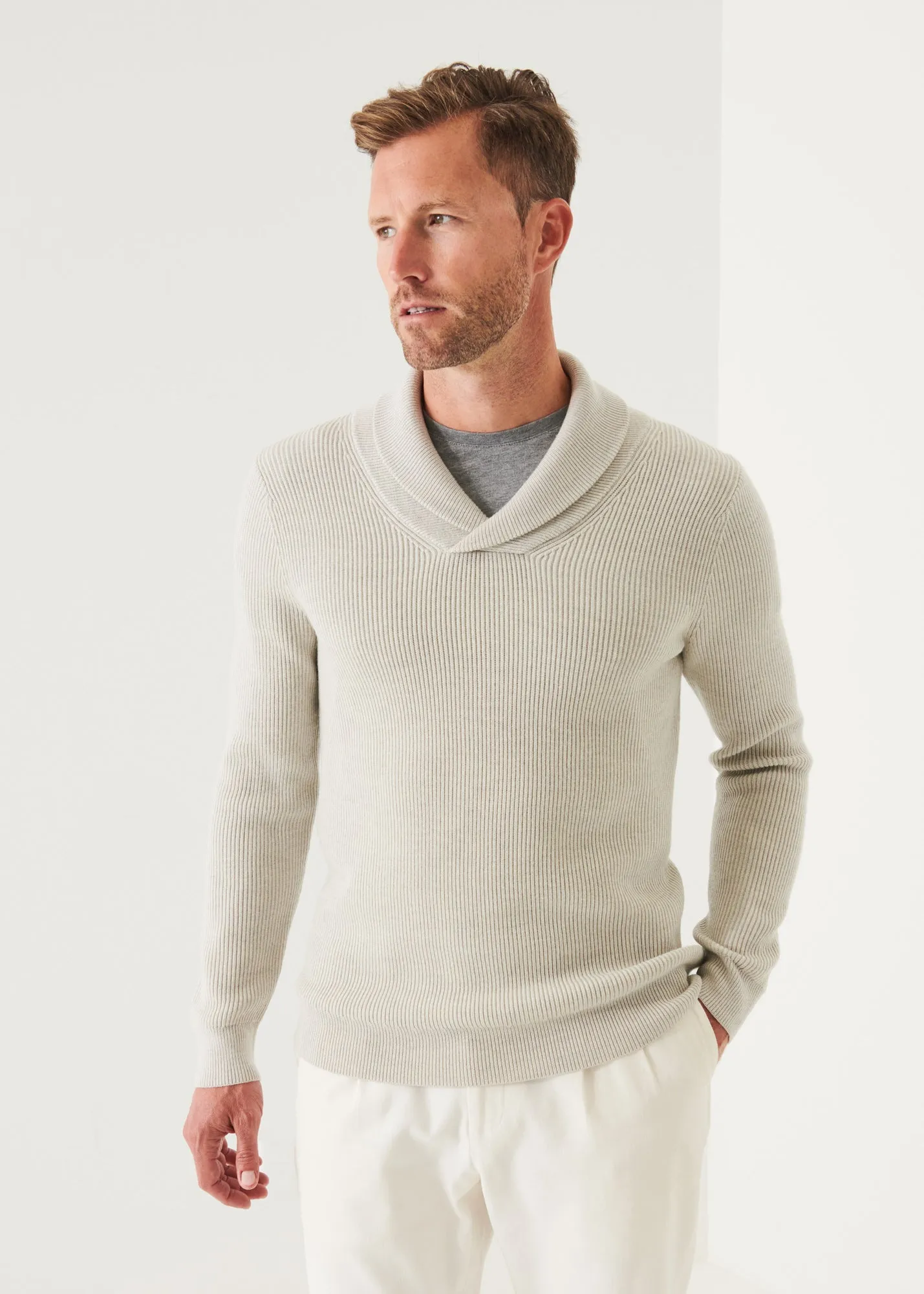 SHAWL COLLAR MERINO WOOL SWEATER