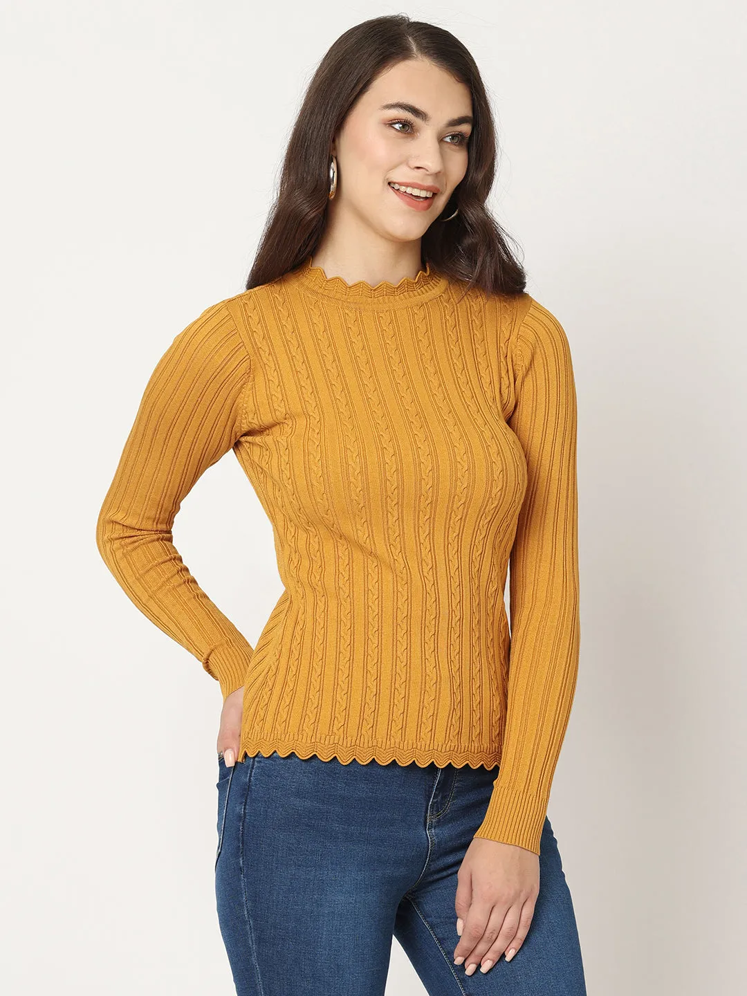 Women Slim Fit Honey Mustard Ribbed Sweater