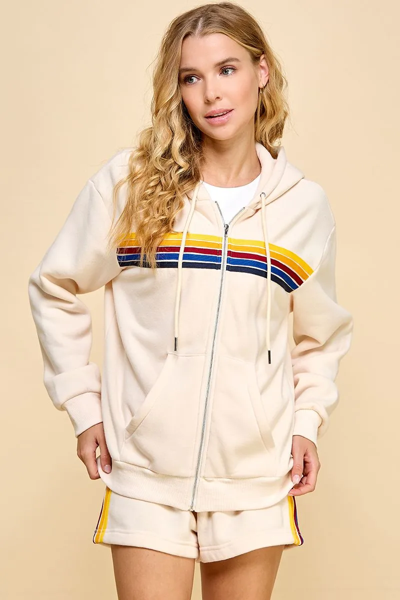 Zipper Front Sweater Hoodie Featuring Multi-Color Striped Detailed Front